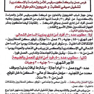 وظائف للخريجين والطلبة بجهاز رعاية وتشغيل الشباب في شركة كيرسرفيس للأمن براتب 6000 جنية 