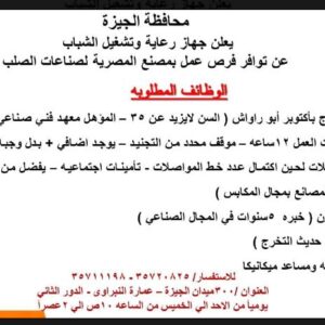 وظائف عمال ومحاسبين وأمين مخزن وفني صيانة في جهاز رعاية وتشغيل الشباب