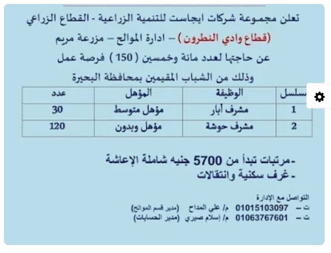 اعلان مجموعة شركات ايجاست للتنمية الزراعية عن 150 فرصة عمل للمؤهلات المتوسطة وبدون مؤهل براتب 5700 جنية 