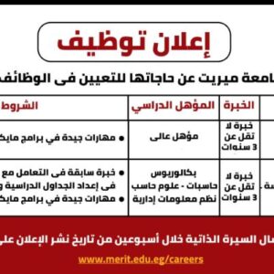 وظائف جامعة ميريت للمؤهلات العليا والدبلومات في مختلف التخصصات 