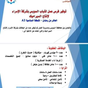 وظائف مديرية العمل 300 فرصة عمل بشركة الاسراء وشركة سيسك استيل وشركة البوليستر للمؤهلات العليا والدبلومات ومن غير مؤهل 