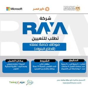 وظائف شركة راية لقطاع البنوك لمختلف المؤهلات والمحافظات والعمل دخل البنوك الراتب  9 الف جنية