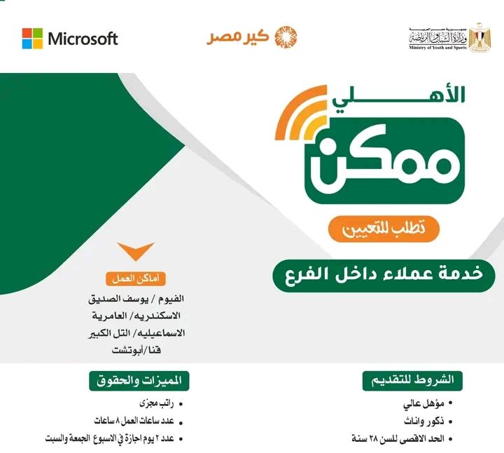 وظائف حكومية شركة الاهلي ممكن التابعة للبنك الاهلي وظائف خدمة عملاء داخل البنك لعدد من المحافظات ولمختلف المؤهلات الراتب 9 الف 