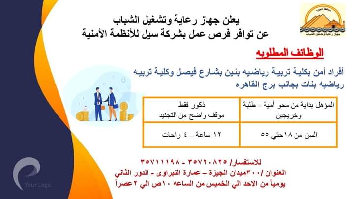 وظائف جهاز رعاية الشباب أفراد أمن بكلية تربية رياضية السن حتي 55 سنه