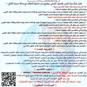 وظائف حكومية وظائف شركة مياه الشرب والصرف الصحى للمؤهلات العليا والدبلومات والإعدادية فنين وعمال ومحصلين 