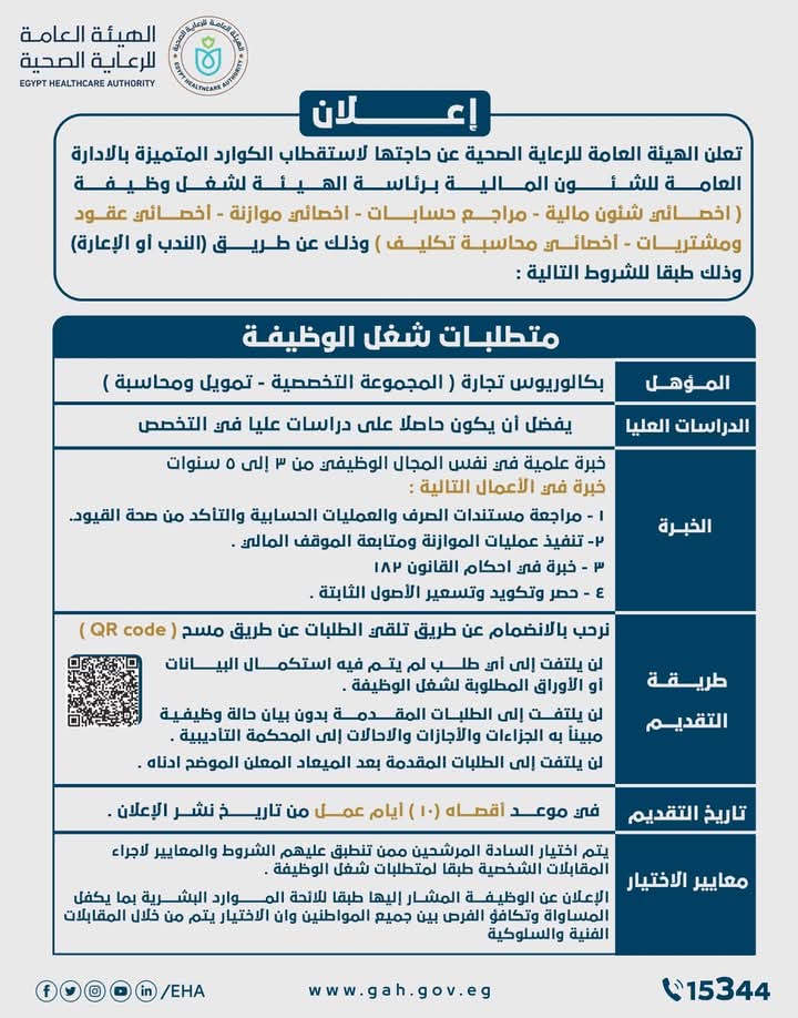 وظائف حكومية الهيئة العامة للرعاية الصحية لخريجي تجارة وحقوق وأدب وللدبلومات 