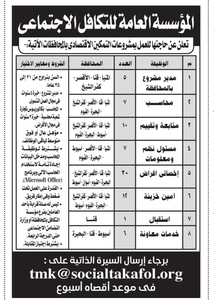 وظائف حكومية وزارة التضامن الاجتماعي المؤسسة العامة للتكافل الاجتماعي للمؤهلات العليا والدبلومات ومن غير مؤهل 