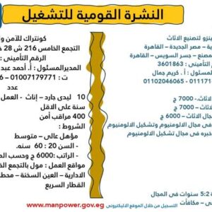    4 آلاف فرصة عمل للمؤهلات العليا والدبلومات والإعدادية برواتب من 6500 جنيه الي 8000 جنية تفاصيل