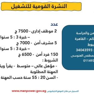    4 آلاف فرصة عمل للمؤهلات العليا والدبلومات والإعدادية برواتب من 6500 جنيه الي 8000 جنية تفاصيل