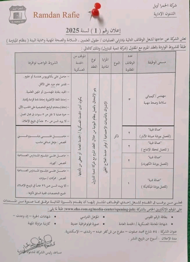 وظائف الشركة الحمرا أويل شركة تنمية للبترول للمؤهلات العليا والدبلومات لمختلف التخصصات