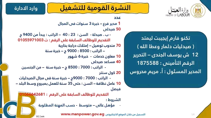 وظائف شركات الأدوية أعلنت وزارة العمل عن مئات فرص العمل للمؤهلات العليا والدبلومات 2025 