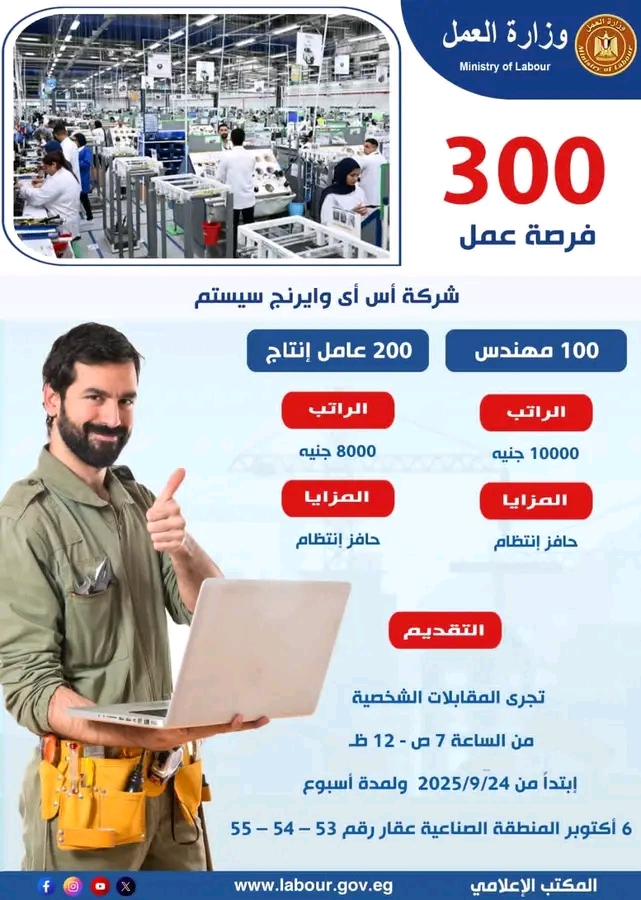 وزارة العمل تعلن عن 300 فرصة عمل بإحدى شركات القطاع الخاص