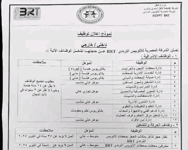 وظائف حكومية وظائف الاتوبيس الترددي للمؤهلات العليا والدبلومات لمختلف التخصصات 2025 