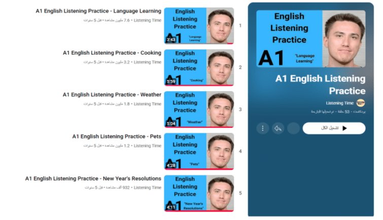 بودكاست Listening Time للمبتدئين A1 تعلّم الاستماع للإنجليزية بخطوات سهلة