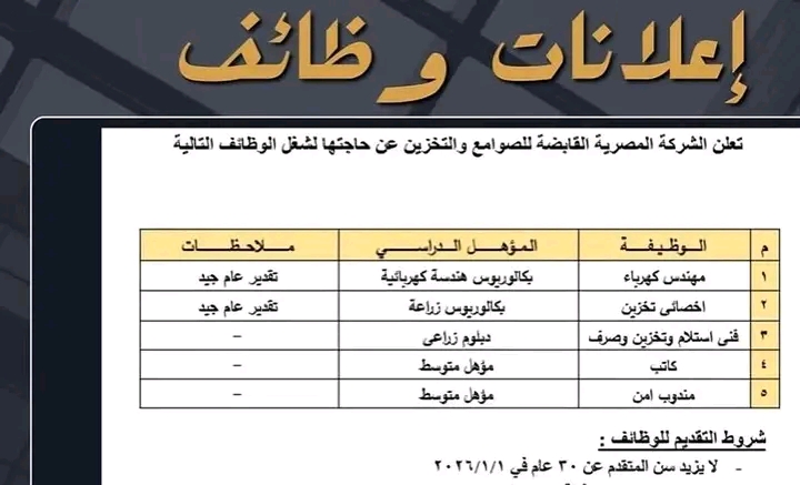 وظائف حكومية وظائف الشركة القابضة للصوامع والتخزين للمؤهلات العليا والدبلومات 2025 لمدة 15 يوم 