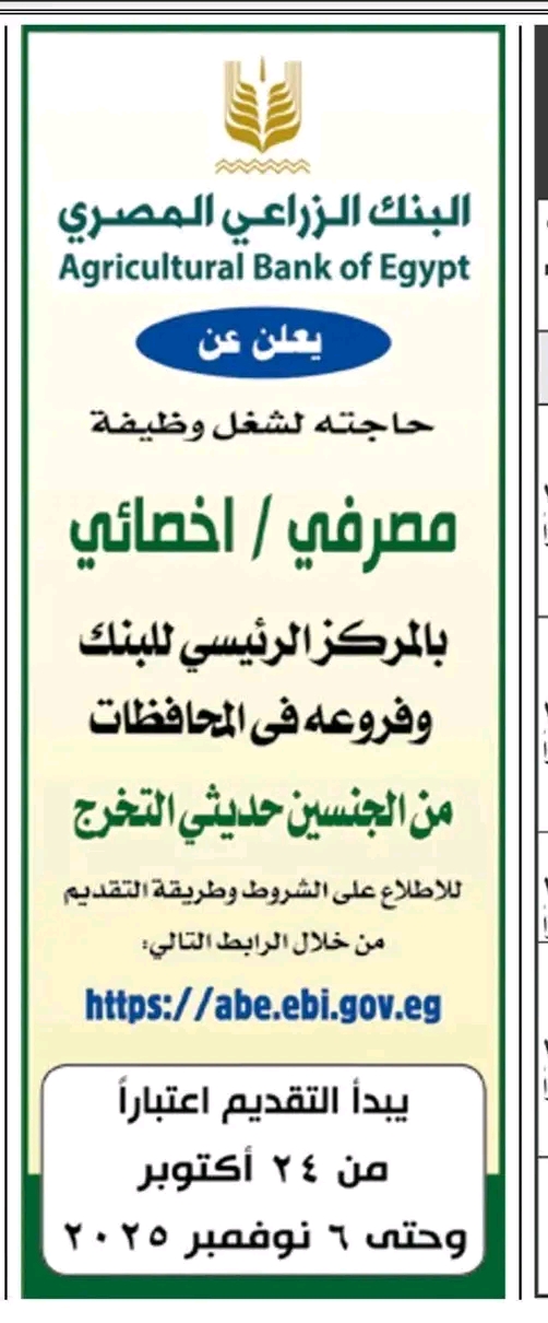وظائف بنوك وظائف البنك الزراعي المصري بجميع فروعه بكل المحافظات 2025 