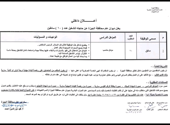 وظائف ديوان عام محافظة الجيزة للمؤهلات العليا والدبلومات والسائقين 2025 