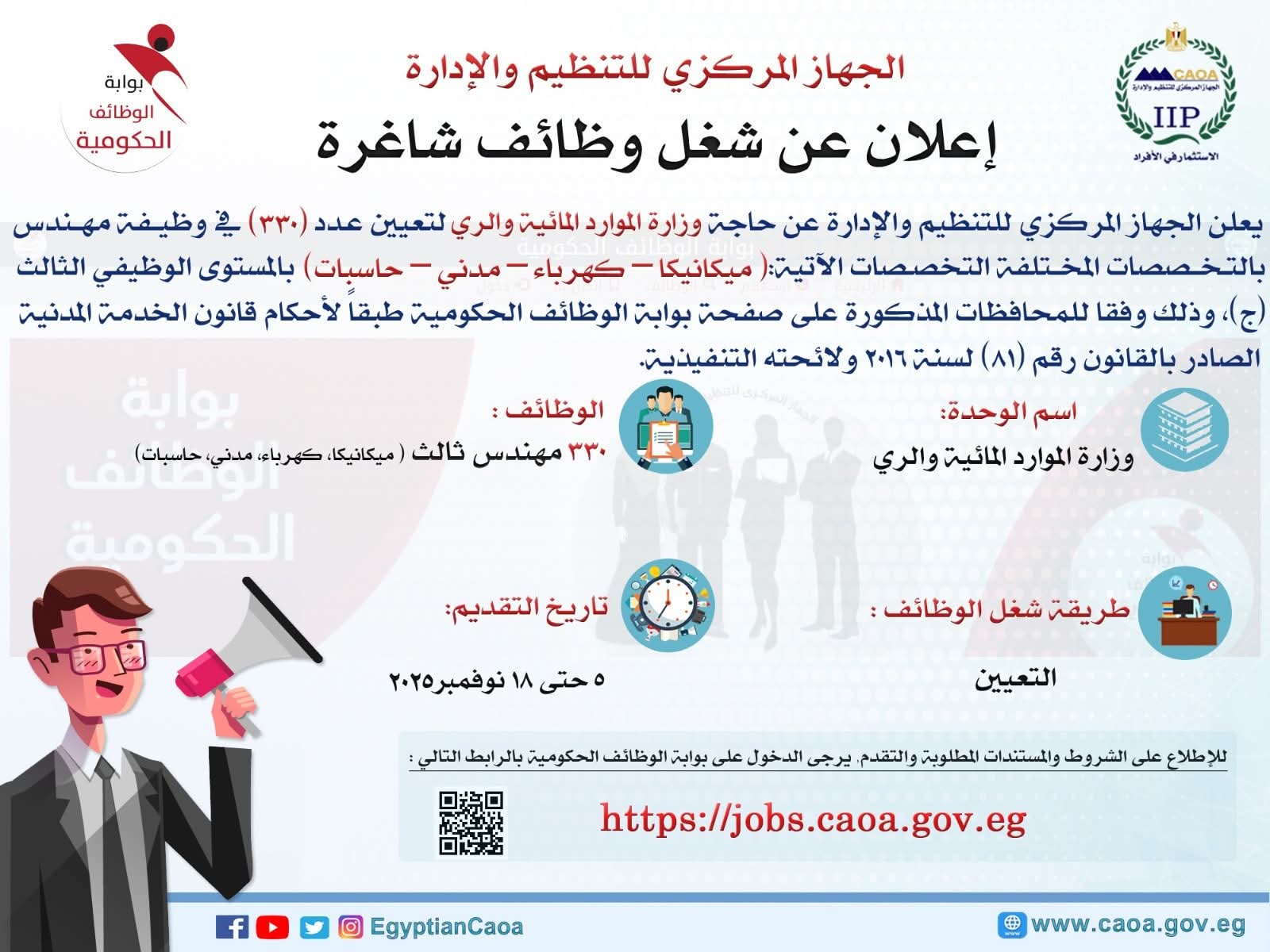 وظائف حكومية وظائف وزارة الموارد المائية و الري بالتخصصات المختلفة 2025 