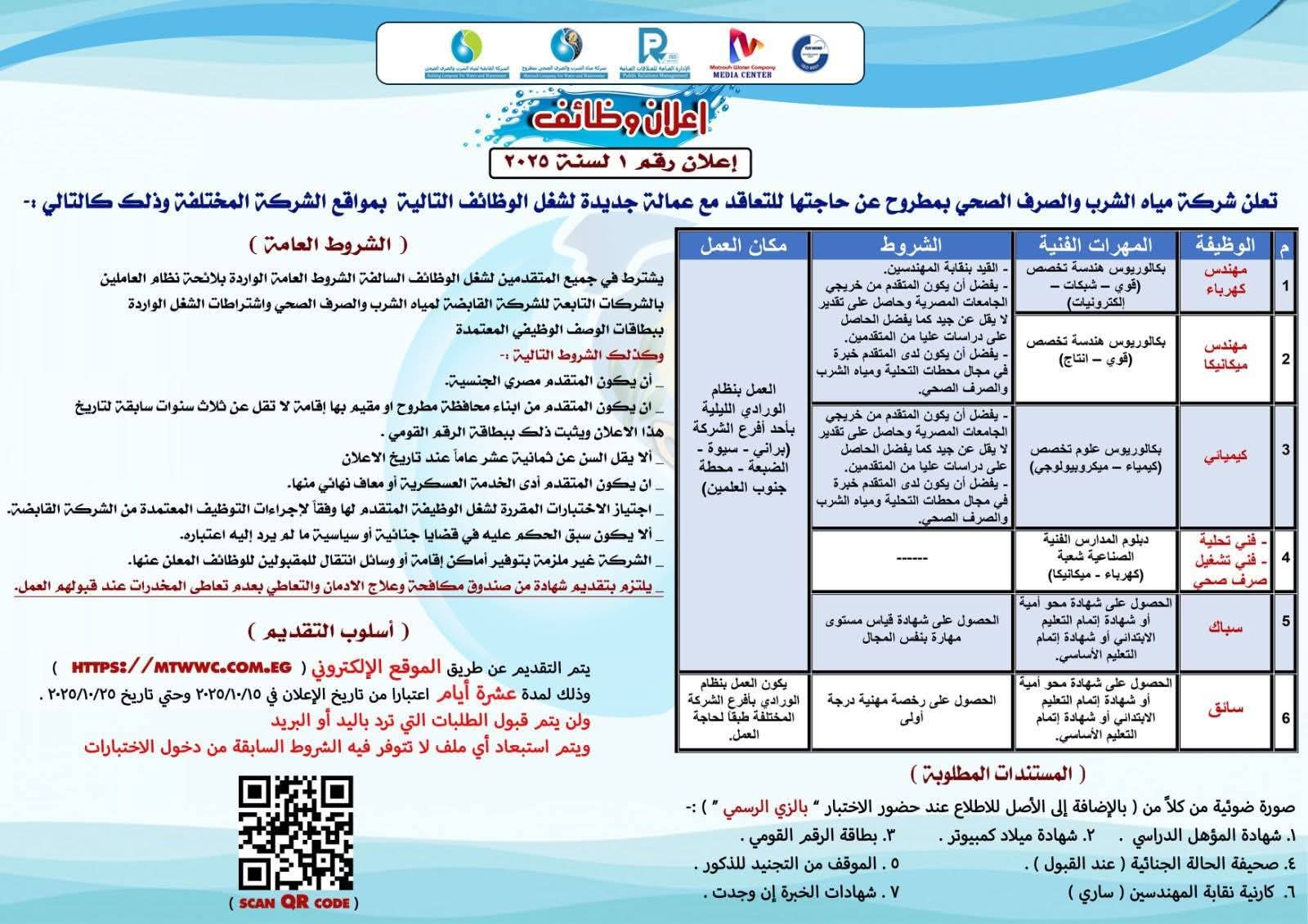 وظائف حكومية وظائف شركة مياه الشرب والصرف الصحى للمؤهلات العليا والدبلومات 2025 