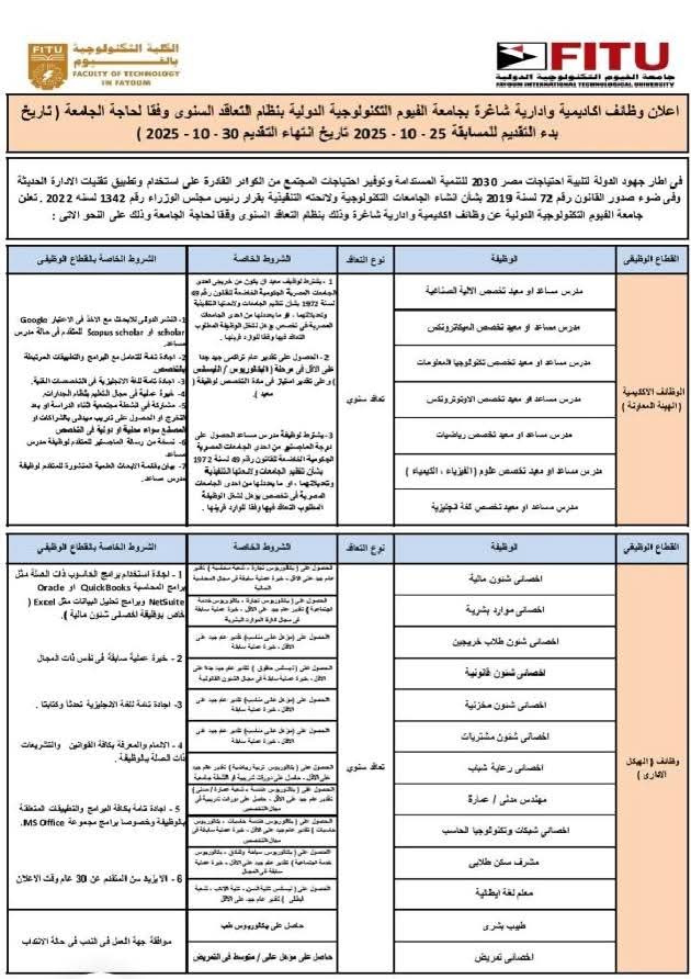 وظائف الجامعات وظائف الجامعة التكنولوجية الدولية أكاديمية ووظائف إداريه للمؤهلات العليا والدبلومات 2025 