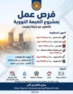 وظائف وزارة العمل بمشروع محطة الضبعة النووية للمؤهلات العليا والدبلومات 2026