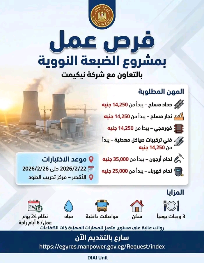 وظائف وزارة العمل بمشروع محطة الضبعة النووية للمؤهلات العليا والدبلومات 2026 