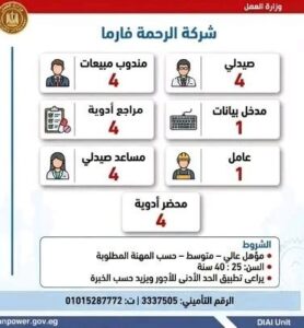 وظائف شركات الأدوية أعلنت وزارة العمل المصرية للمؤهلات العليا والدبلومات 2026 