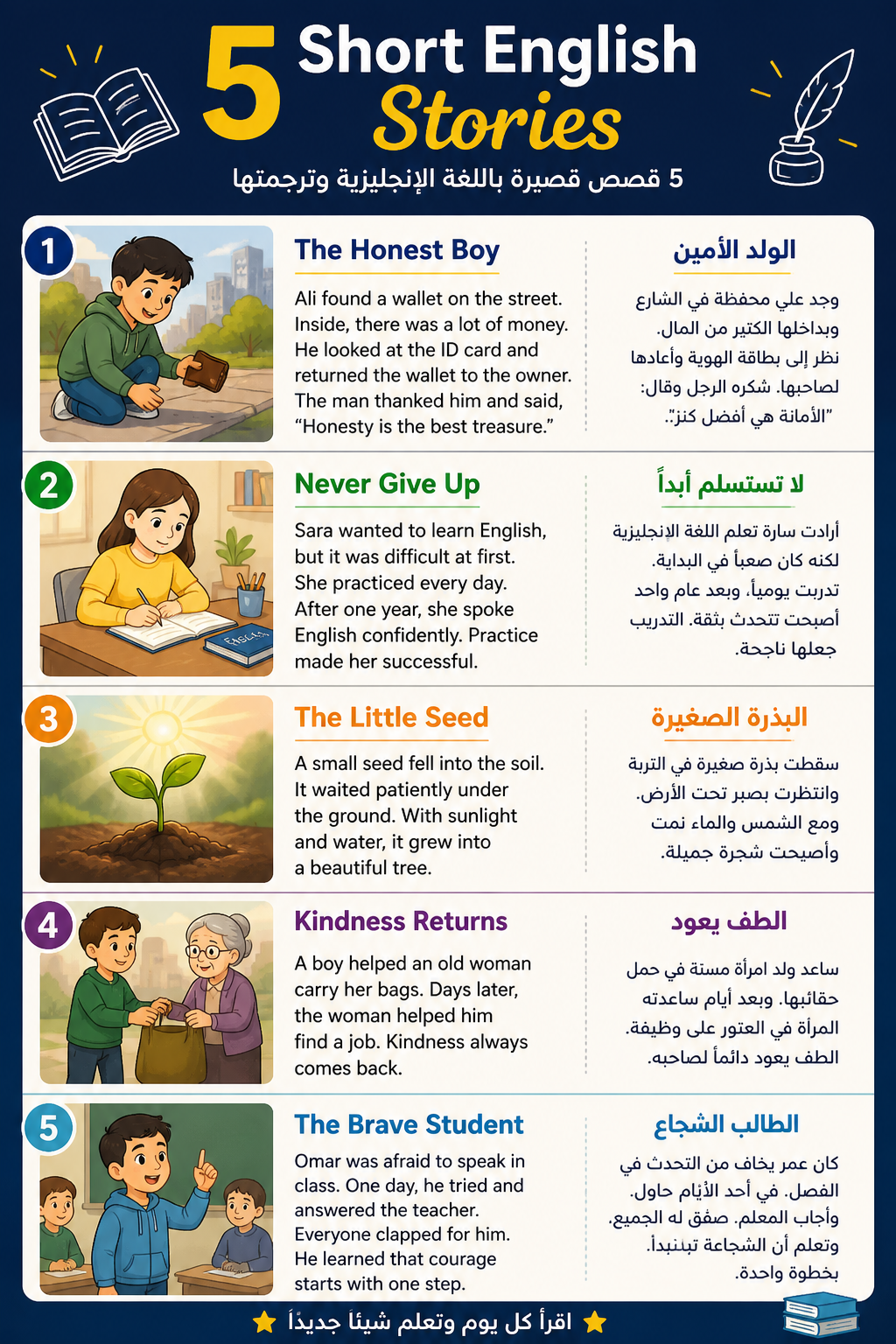 📚 أقوى 5 قصص قصيرة لتعلم اللغة الإنجليزية بسرعة للمبتدئين