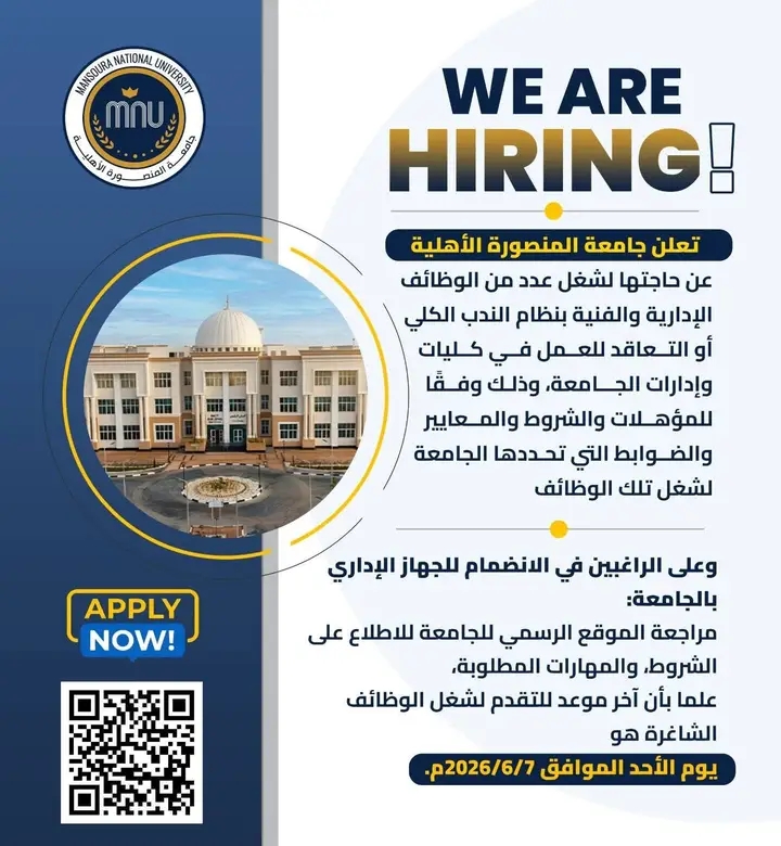 وظائف حكومية وظائف جامعة المنصورة الأهلية 2026 للمؤهلات العليا والدبلومات وظائف إدارية وفنية 