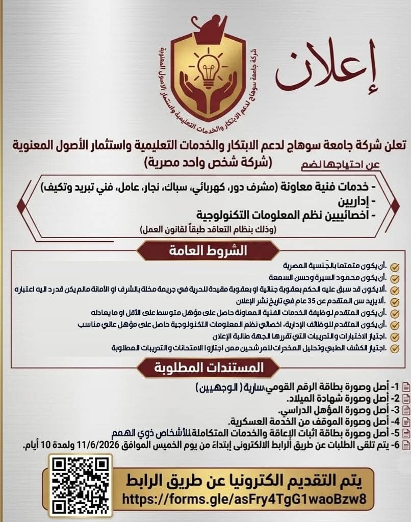 وظائف حكومية 2026 وظائف جامعة سوهاج للدبلومات والمؤهلات العليا