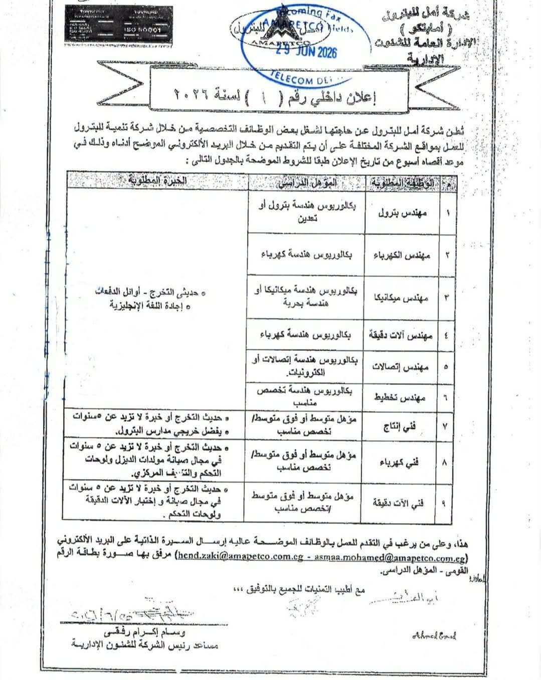 وظائف البتروليه شركة أمل للبترول امابيتكو 2026 للمؤهلات العليا والدبلومات 